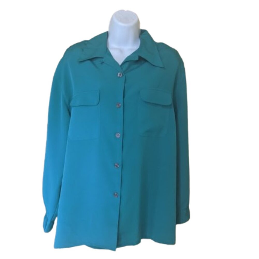 Long Blue-Green Teal blue long Sleeve Silky Blouse Size 14 NEW NWOT